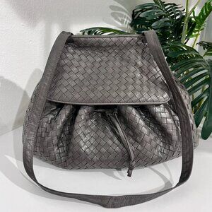 Vintage Bottega Veneta Dark Grey Leather Intrecciato Drawstring Cross Body Bag